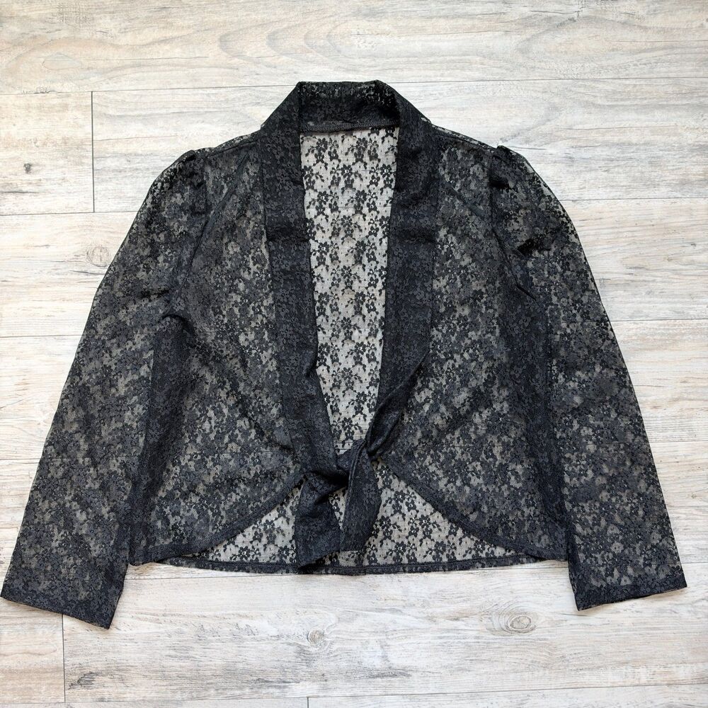 Y2K Black Lace Tie Front Blazer Size Medium Sheer Cropped Jacket Goth Romantic